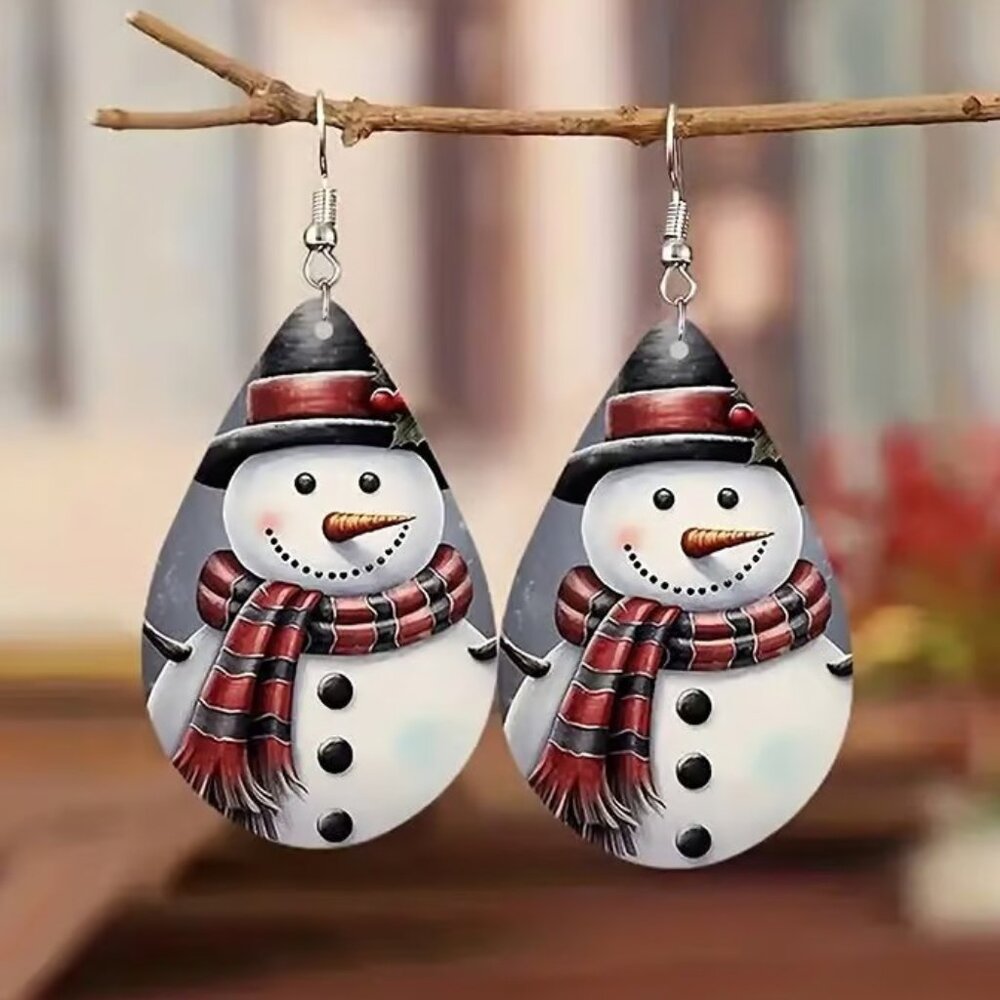 Wooden Christmas SNOWMAN Dangle Earrings